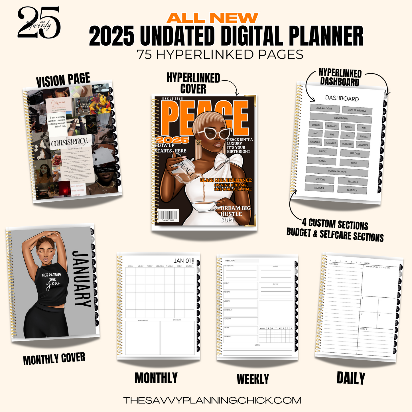 2025 Digital Planner – Fully Editable Canva Templates with 75 Hyperlinked Pages