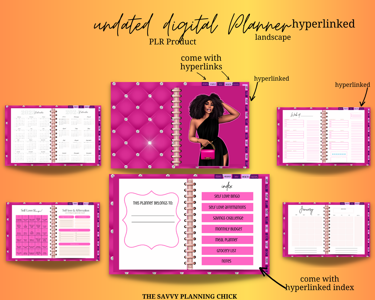 Undated Digital Planner-Pink hyperlinked-PLR