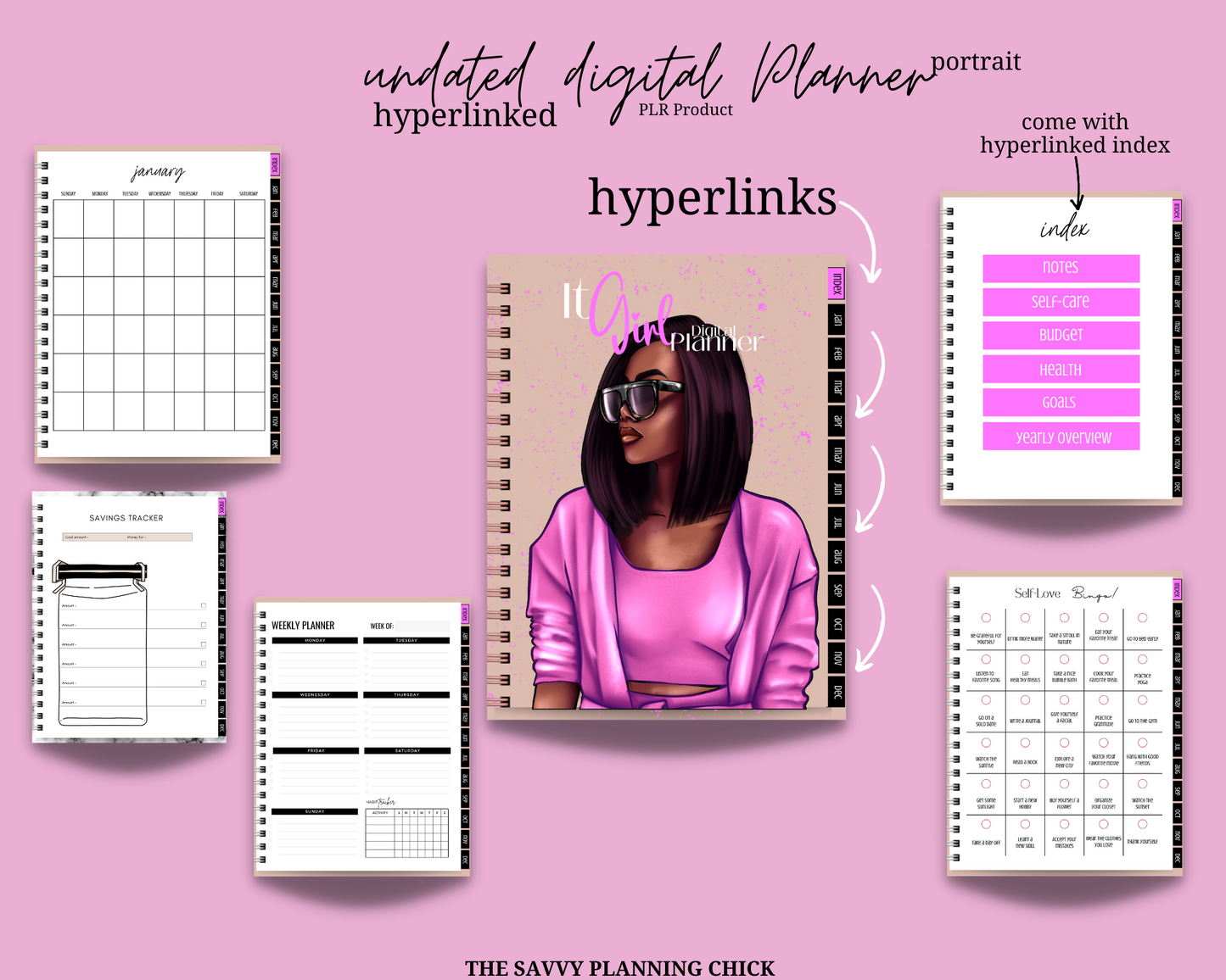 It Girl Pink-Undated Digital Planner-hyperlinked-PLR